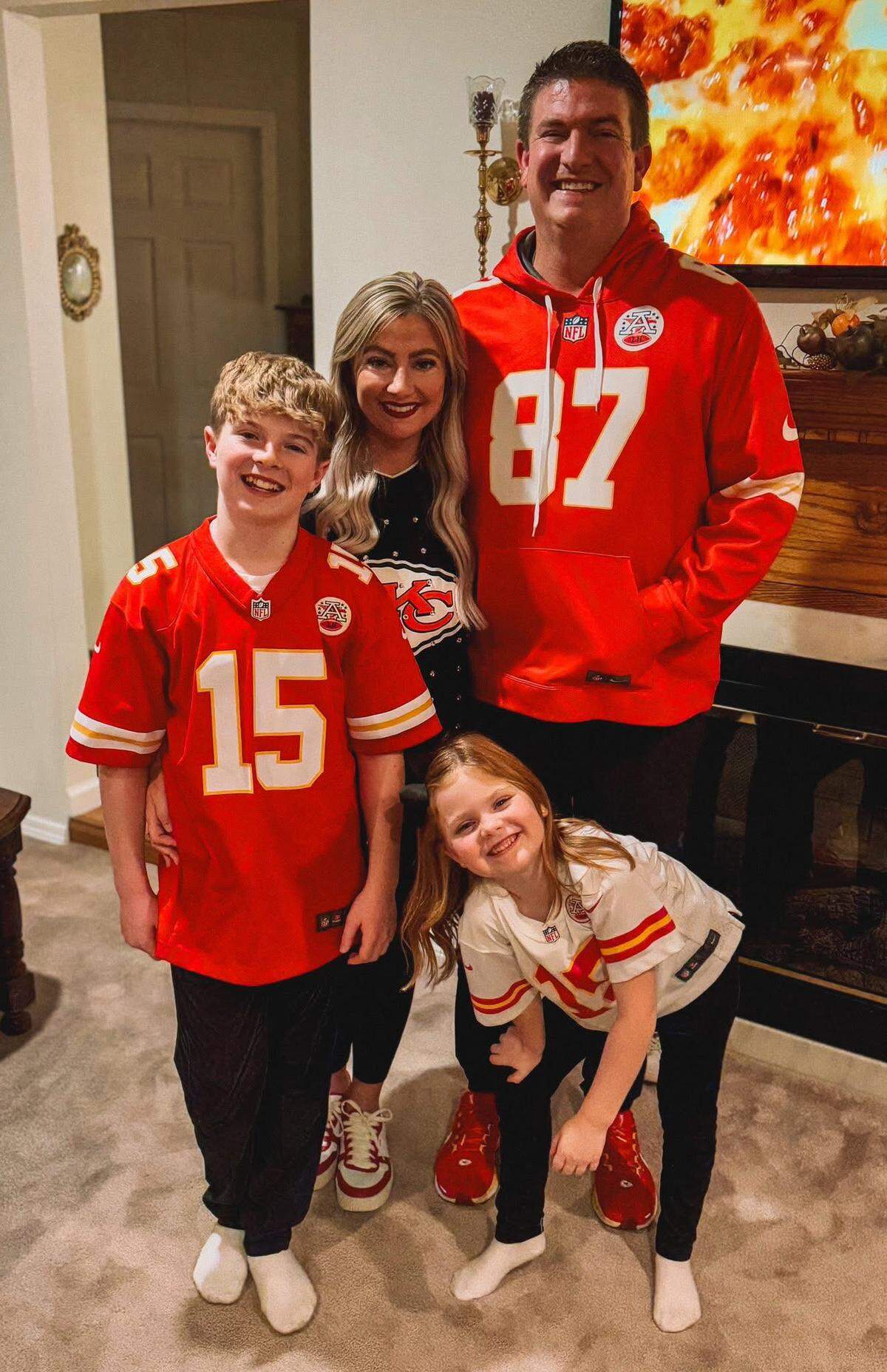 The Johnson family, 11-year-old Kooper, 6-year-old Adelynn, mom Alicia and dad Ben were decked out in their Chiefs gear to watch the team on Thanksgiving Day.