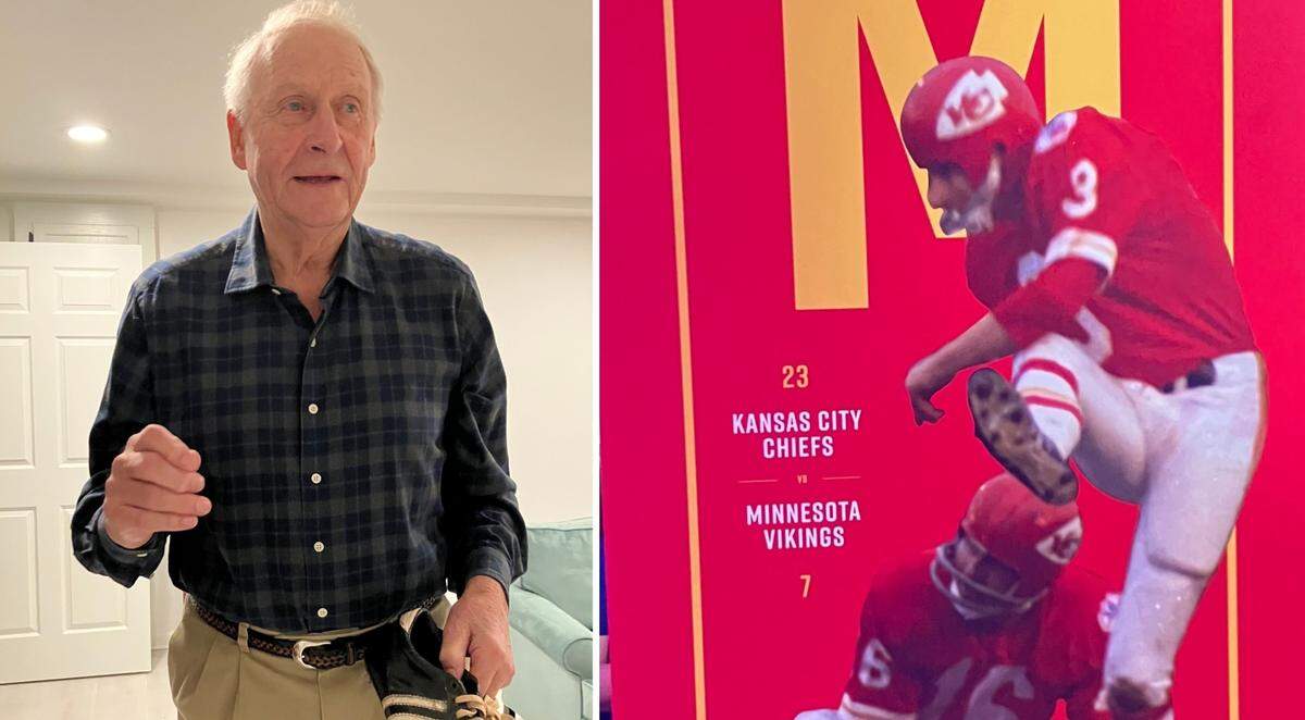 Former Chiefs placekicker Jan Stenerud, left, holds the shoes he wore in Super Bowl IX, in which Kansas City beat the Minnesota Vikings 23-7 at Tulane Stadium. That was the first Super Bowl played in New Orleans. This week, the NFL’s displays around the Big Easy included the tribute (shown at right, above) to Stenerud, Hank Stram, Len Dawson and the rest of those champion Chiefs from 55 years ago.