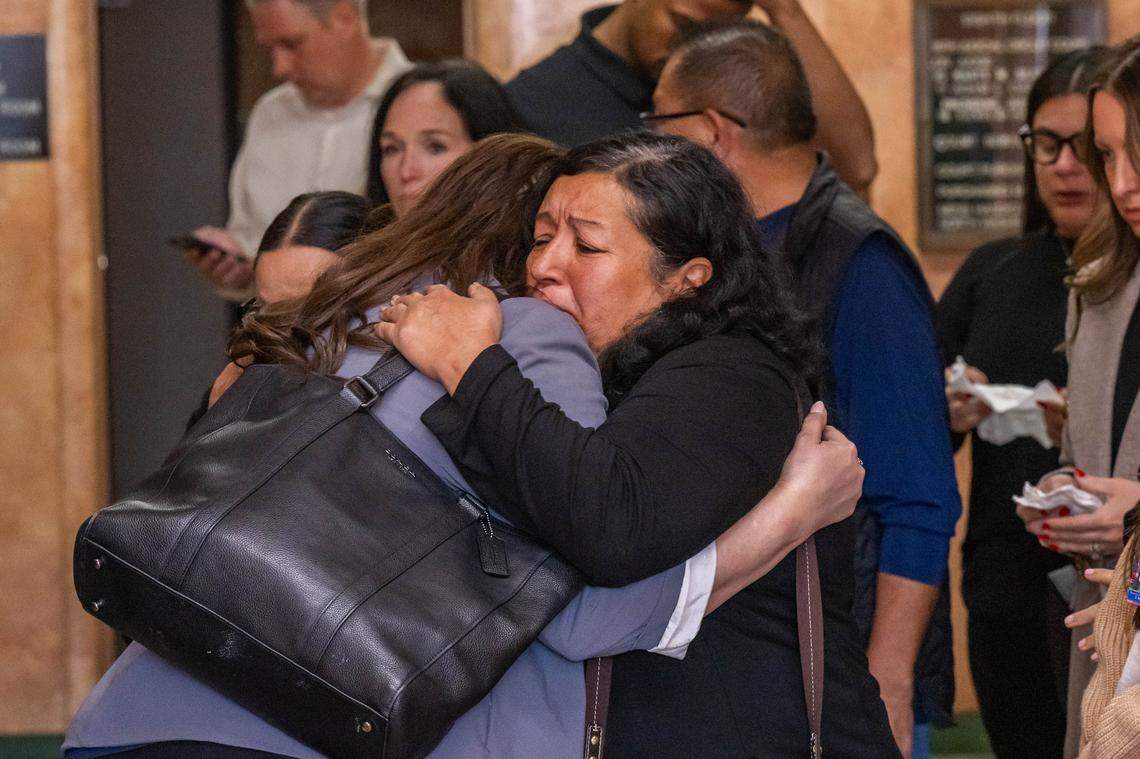 Family members of Lisa Lopez-Galvan, outside the courtroom following the plea hearing for Dominic Miller, at Jackson County Courthouse, on Monday, March 9, 2026, in Kansas City. Miller is accused of fatally shooting Lopez-Galvan during the 2024 Chiefs Super Bowl rally mass shooting.