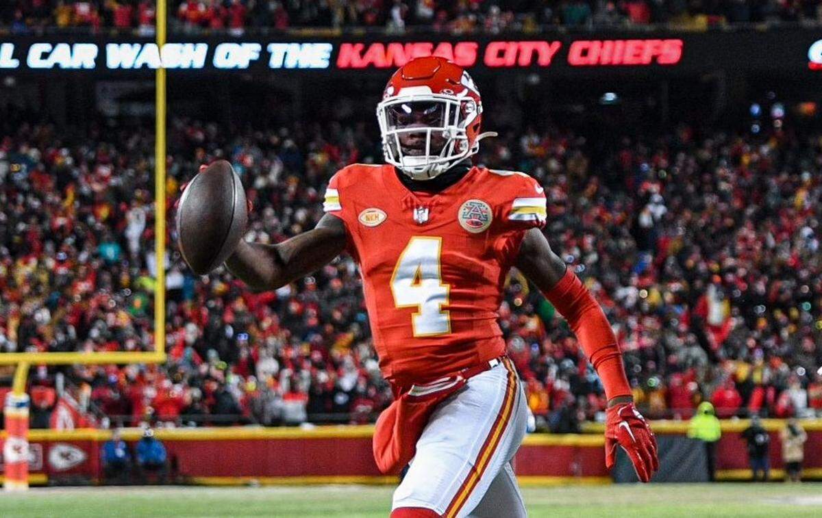 Kansas City Chiefs wide receiver Rashee Rice scores a touchdown against the Miami Dolphins on Jan. 13 at GEHA Field at Arrowhead Stadium. Rice’s attorney spoke to media Thursday afternoon about a car crash in which he was involved in Dallas.