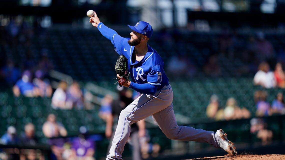 Kansas City Royals starting pitcher Jakob Junis throws against the Chicago Cubs during the first inning of a spring baseball game in Mesa, Ariz., Tuesday, March 2, 2021. (AP Photo/Jae C. Hong)