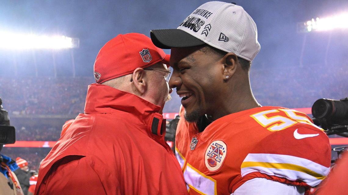 Chiefs Head Coach Andy Reid hugged defensive end Frank Clark after the Chiefs defeated the Cincinnati Bengals, 23-20, in the AFC Championship Game on Sunday, Jan. 29, 2023, at GEHA Field at Arrowhead Stadium.