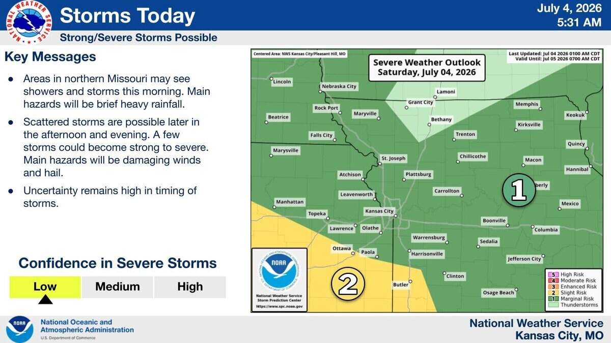 Map of storm forecast in northeastern Kansas and northern Missouri, with text on the left side.