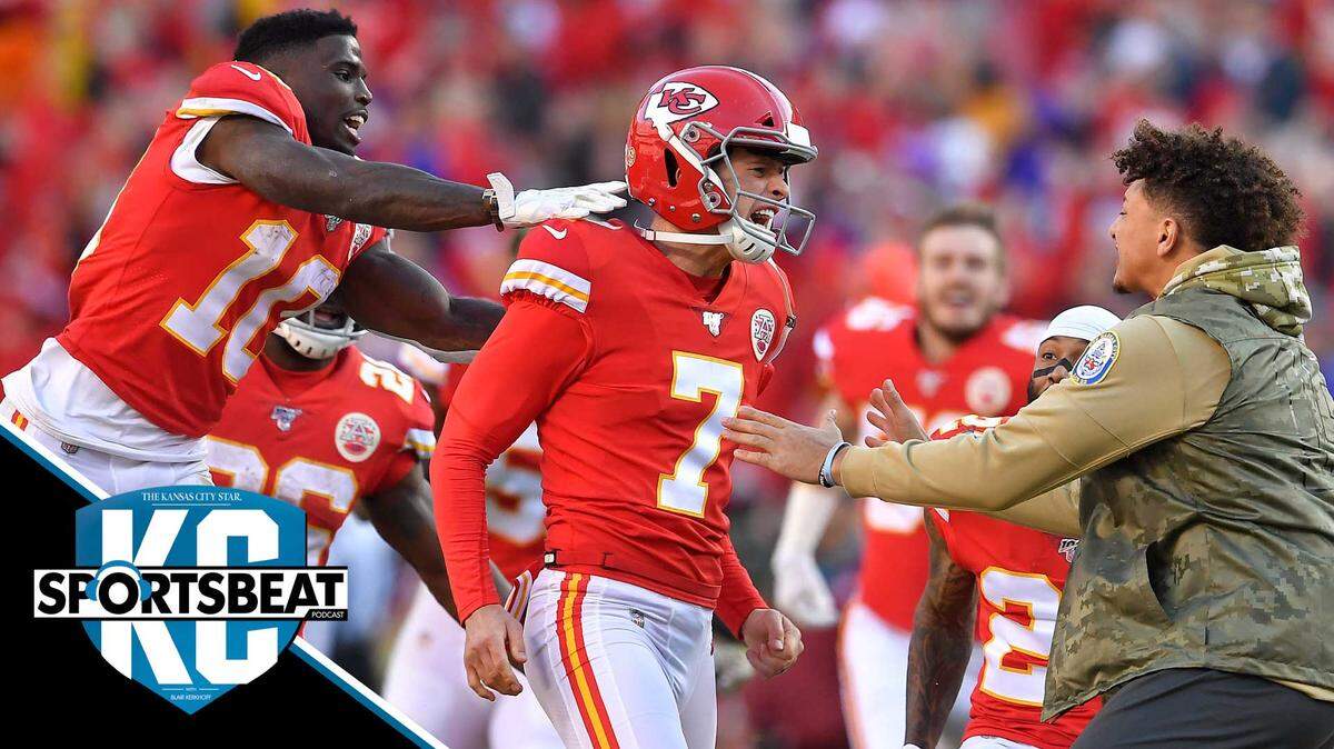 Chiefs’ place kicker Harrison Butker was mobbed by his teammates after he kicked the game winning field gaol that gave Kansas City a 26-23 win Sunday at Arrowhead Stadium. Tyreek Hill, left, and the injured Patrick Mahomes joined in the postgame celebration.