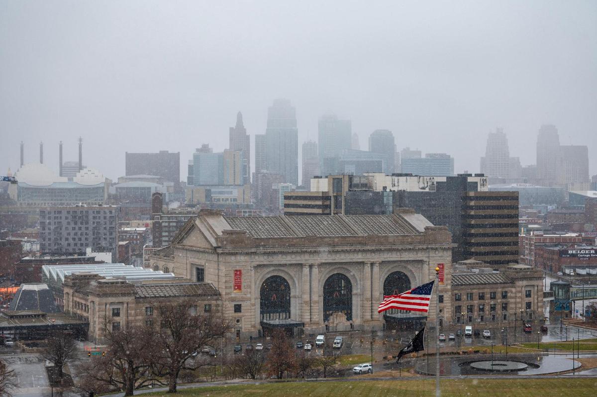 Snow gently descends on Union Station and Kansas City on Monday, Jan. 8, 2024.