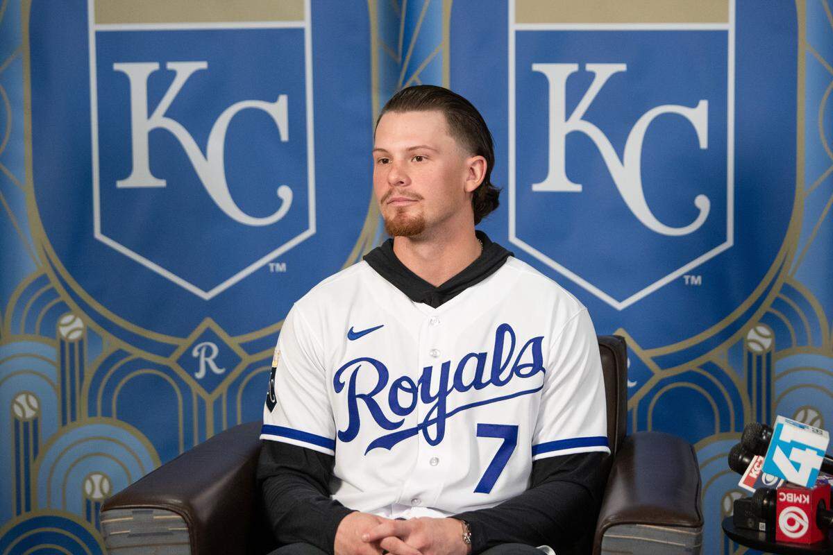 Kansas City Royals shortstop Bobby Witt Jr. answers questions from the press about his offseason and mindset heading into the season at Royals Rally on Feb. 3, 2024.