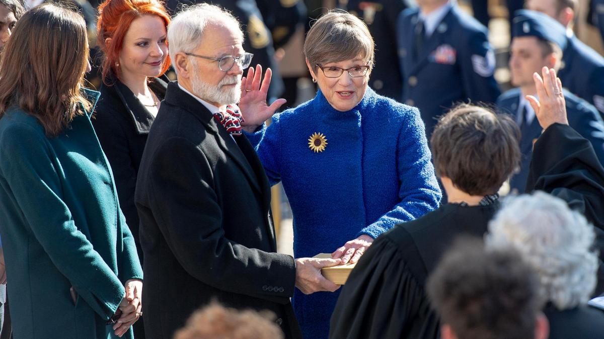 Kansas Gov. Laura Kelly takes her oath of office during an inauguration ceremony on the south steps of the Kansas Capitol building on Monday, Jan. 9, 2023, in Topeka.
