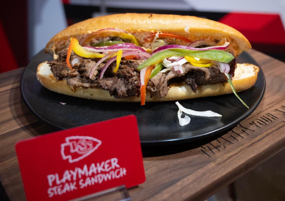 Playmaker Steak Sandwich with shaved beef, topped with charred red pepper cream cheese and pickle pepper slaw on a Amoroso roll, is a new offering from Aramark for the general concessions at GEHA Arrowhead Stadium.