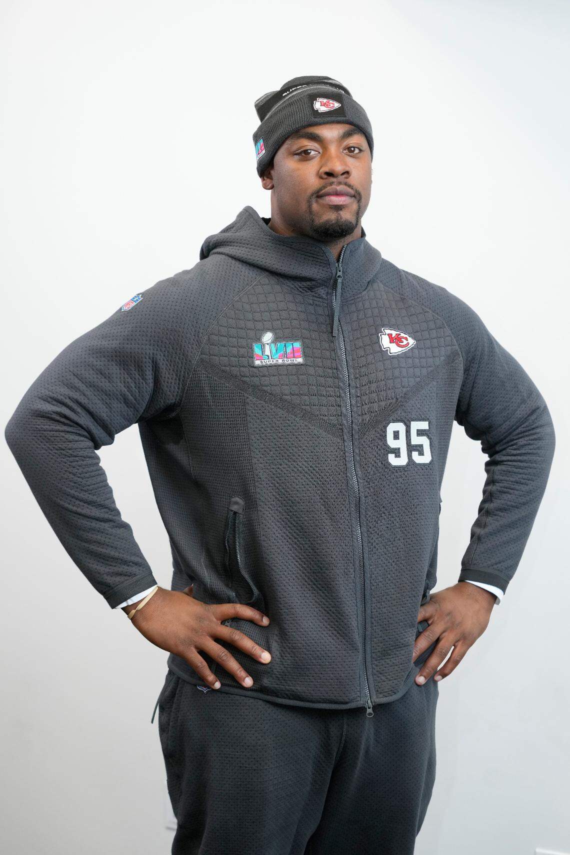Kansas City Chiefs defensive tackle Chris Jones poses for a portrait at NFL football Super Bowl 57 opening night, Monday, Feb. 6, 2023, in Phoenix. The Kansas City Chiefs will play the Philadelphia Eagles on Sunday, Feb. 12.