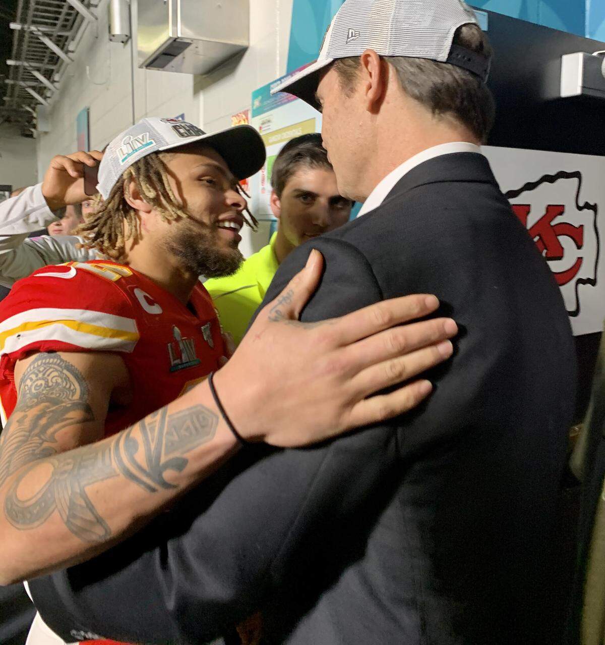 Safety Tyrann Mathieu, left, embraces team president Mark Donovan before entering the locker room after the Chiefs’ Super Bowl victory at Hard Rock Stadium in Miami in February 2020.