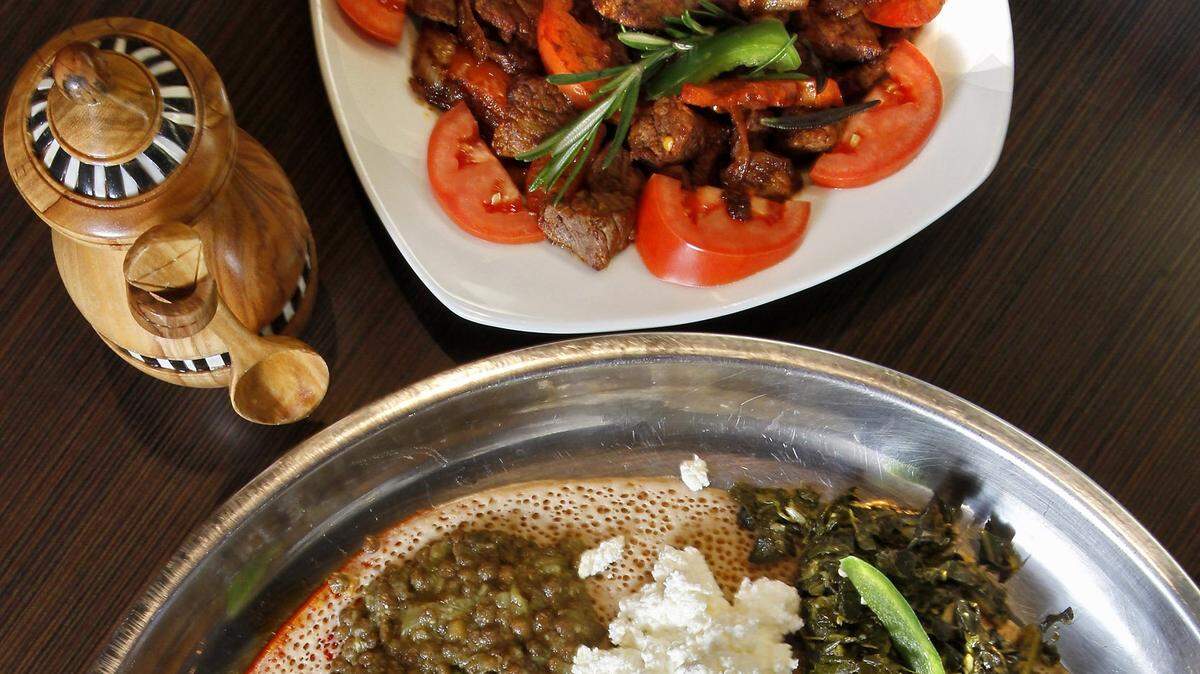 The meat combo dish at Elsa's Ethiopian Restaurant in downtown Overland Park, Thursday, Nov. 17, 2011.  JILL TOYOSHIBA/The Kansas City Star 11172011