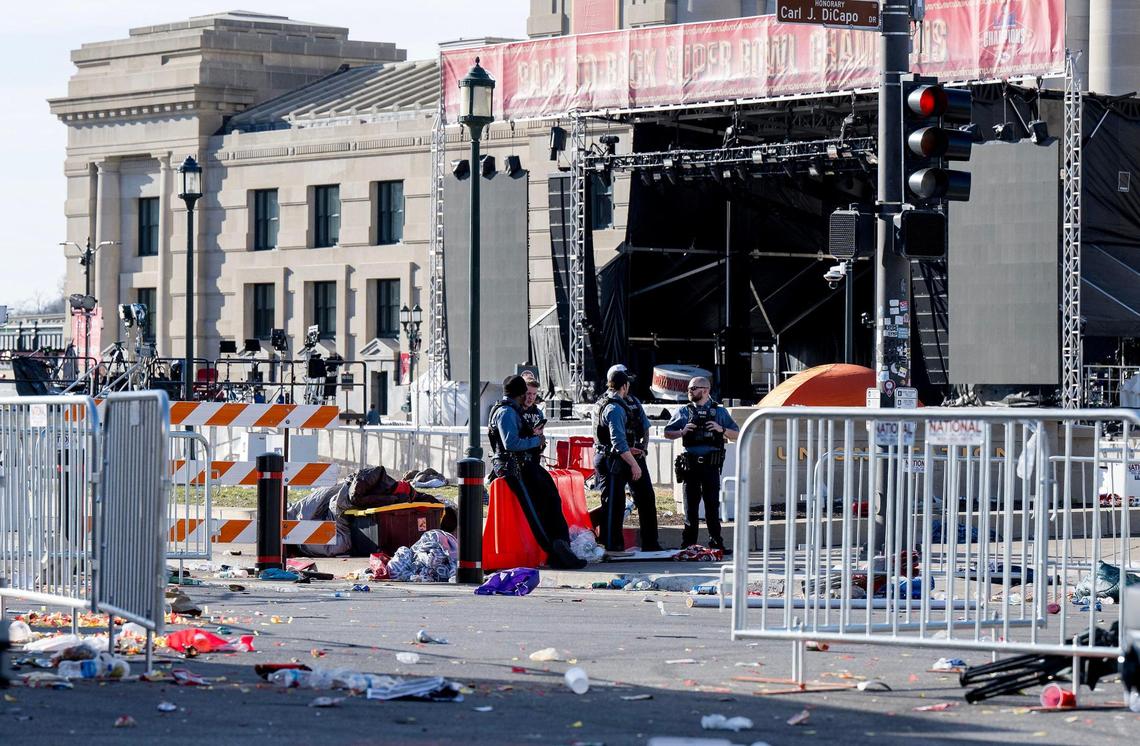 Police remain on the scene after a shooting broke out at Union Station following the Kansas City Chiefs Super Bowl LVIII victory parade on Wednesday, Feb. 14, 2024, in Kansas City.