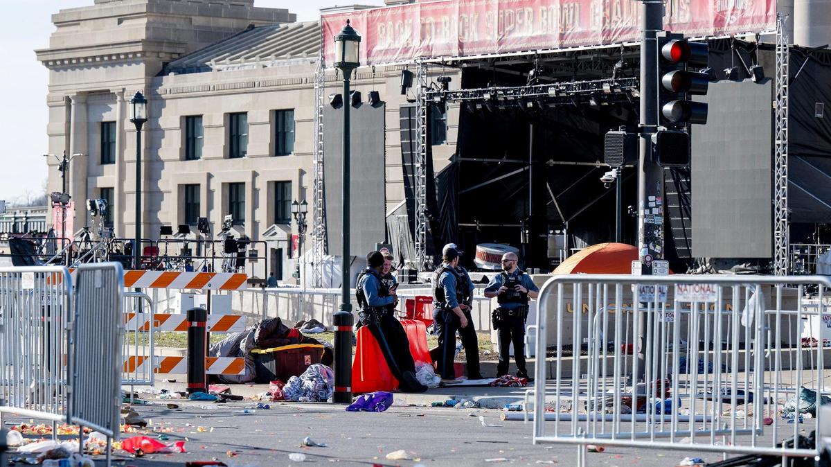 Police remain on the scene after a shooting broke out at Union Station following the Kansas City Chiefs Super Bowl LVIII victory parade on Wednesday, Feb. 14, 2024, in Kansas City.