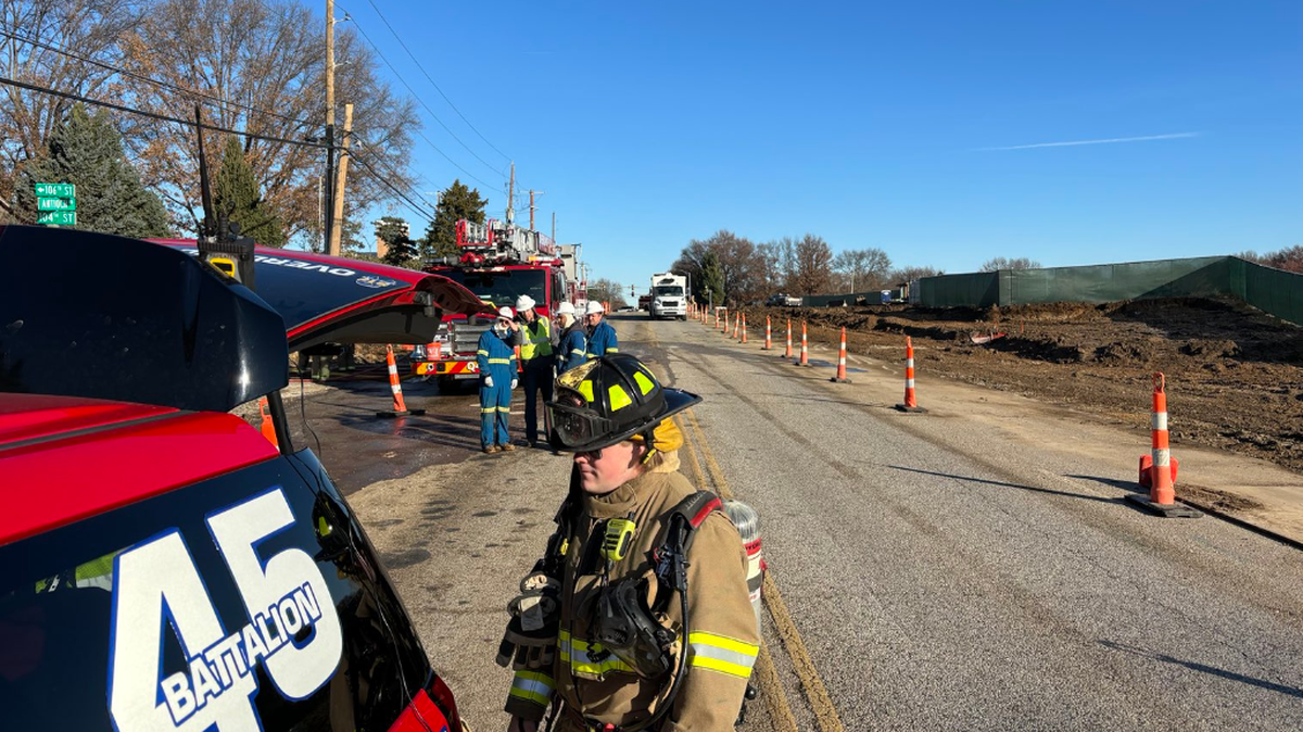 Crews worked to fix a gas main break Tuesday morning at 104th Street and Antioch Road in Overland Park.