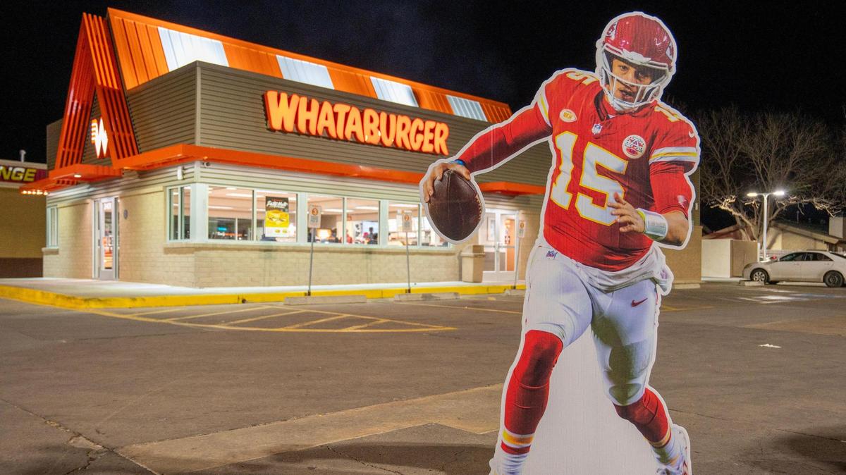 A life-size cutout featuring Kansas City Chiefs quarterback Patrick Mahomes stood outside a Whataburger in Amarillo, Texas. Mahomes has been a champion for the brand since he moved to Kansas City.