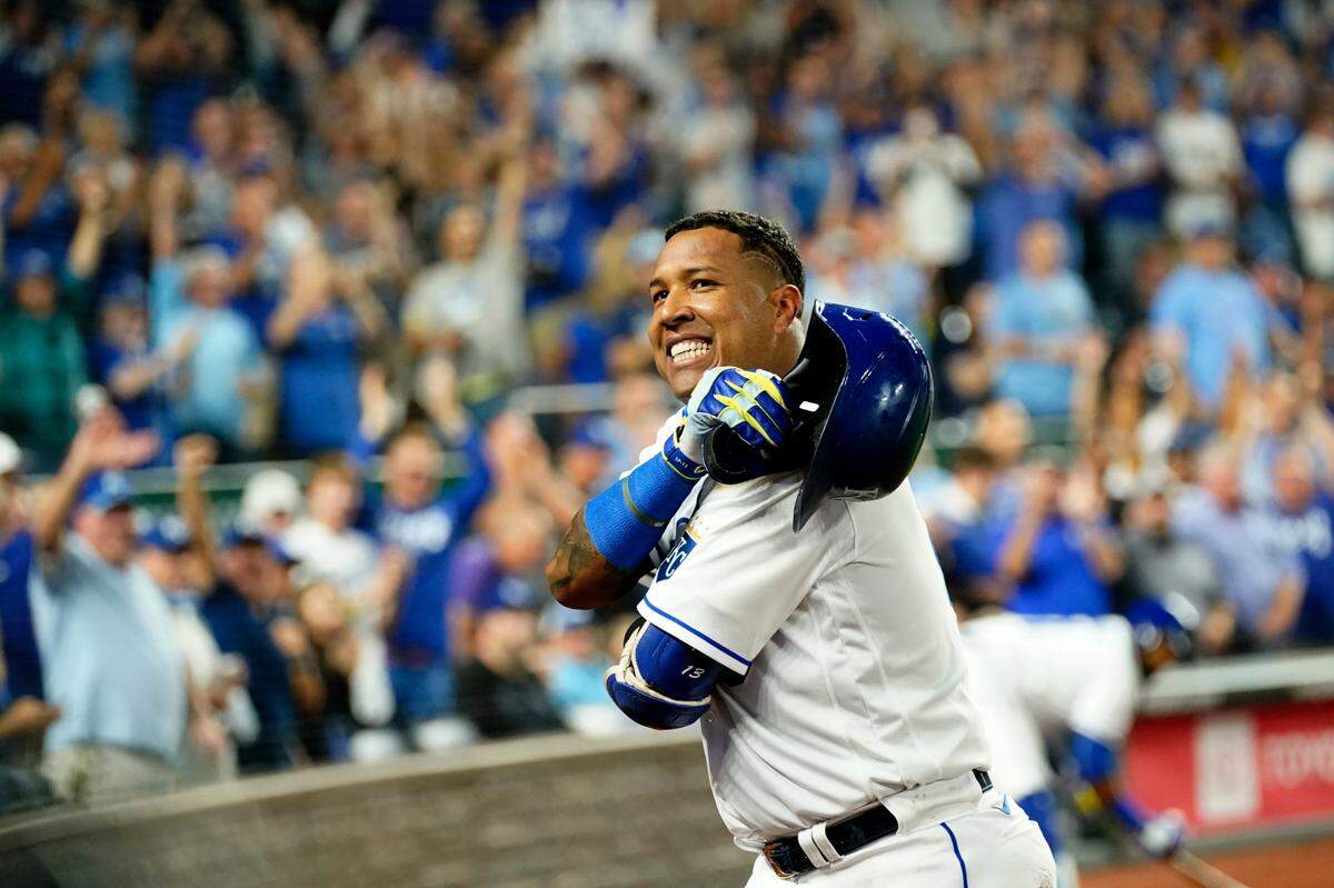 Royals catcher Salvador Perez acknowledges the crowd after hitting a three-run home run Wednesday against the Indians at Kauffman Stadium. It was his 48th homer of the season.