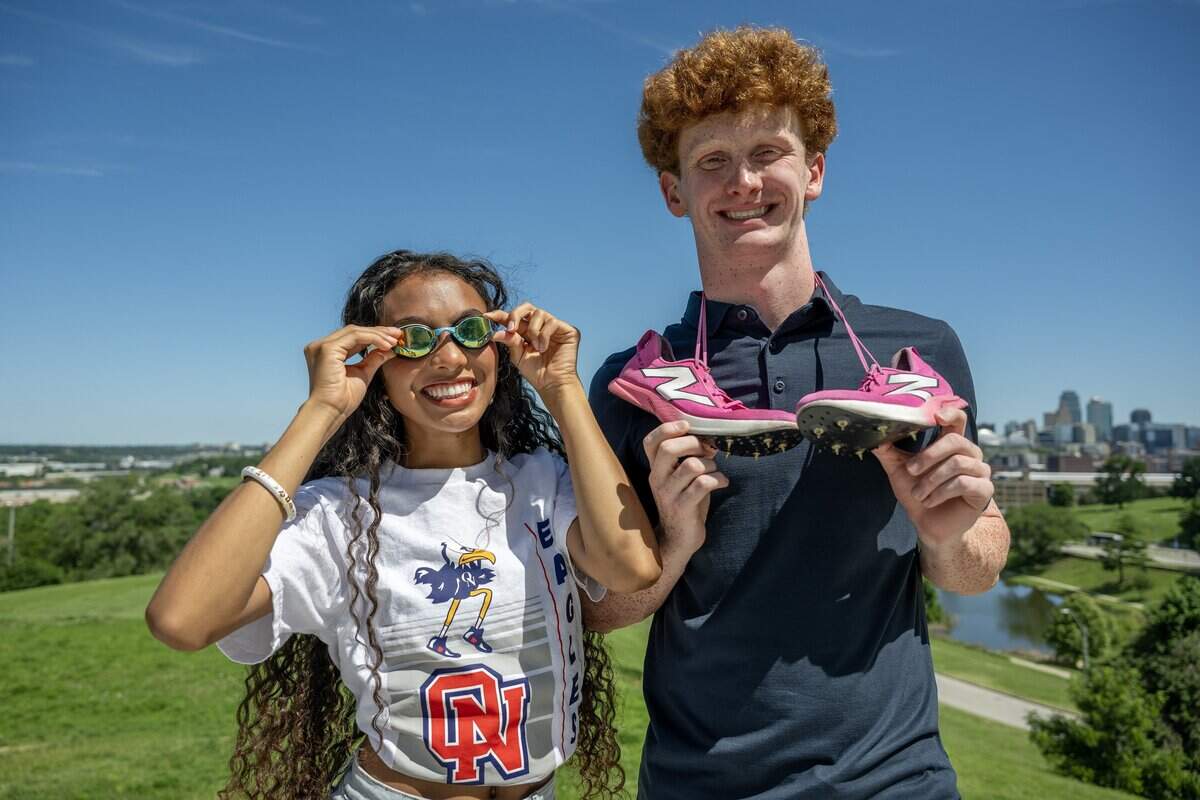 Scholar-Athlete Award recipients Avani Hocker Singh, left, and Sam Hennenfent pose for a portrait on Monday, June 15, 2026, in Kansas City.