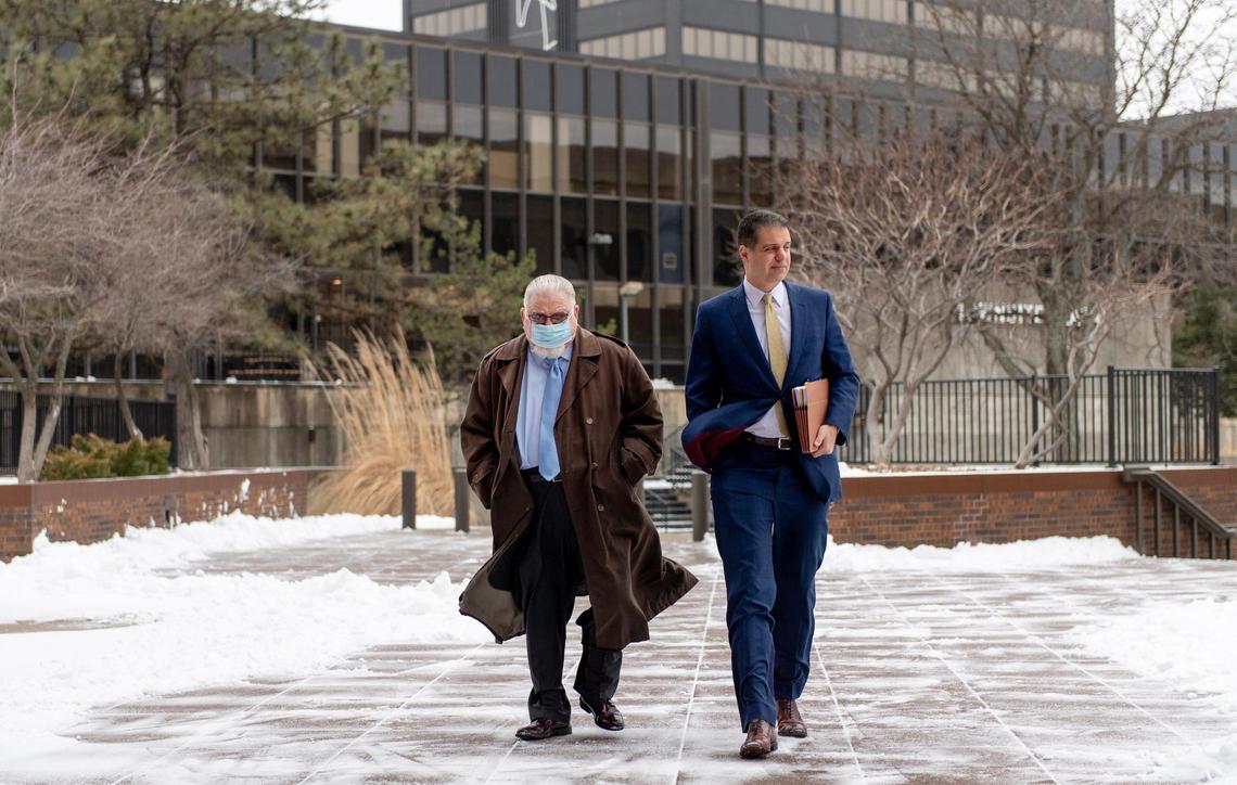 Former Kansas City, Kansas, police detective Roger Golubski walks to a hearing with his attorney Chris Joseph at the federal courthouse on Thursday, Jan. 12, 2023, in Topeka. Golubski is asking a federal judge to remove his house arrest requirement before his trial in which he faces six charges of deprivation of civil rights.