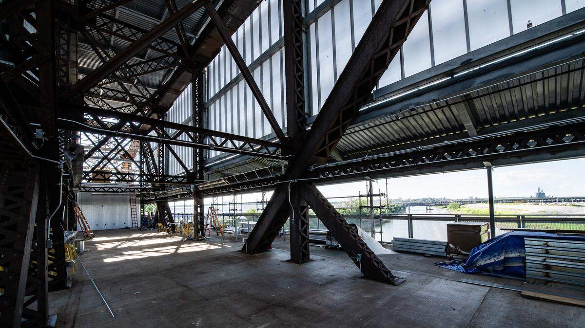 The interior space of the Rock Island Bridge entertainment venue is still under construction on the structure that spans the Kansas River between Kansas and Missouri.