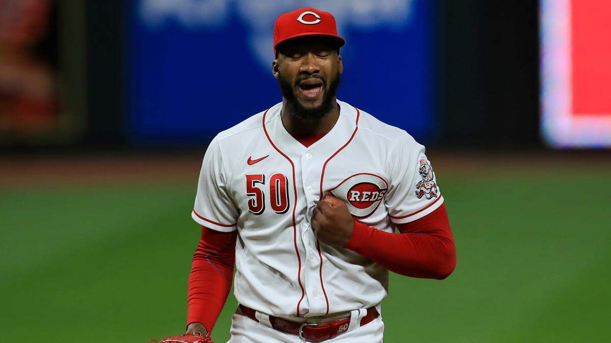 Cincinnati Reds’ Amir Garrett reacts during a baseball game against the Milwaukee Brewers in Cincinnati, Monday, Sept. 21, 2020. The Reds won 6-3. (AP Photo/Aaron Doster)