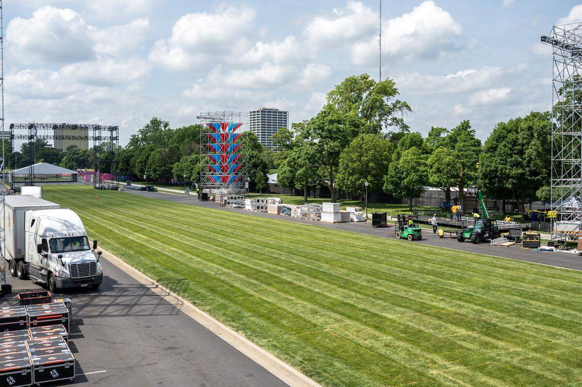 Construction crews prepare the FIFA Fan Festival site during a media walkthrough at the National WWI Museum and Memorial on Wednesday, May 27, 2026, in Kansas City.