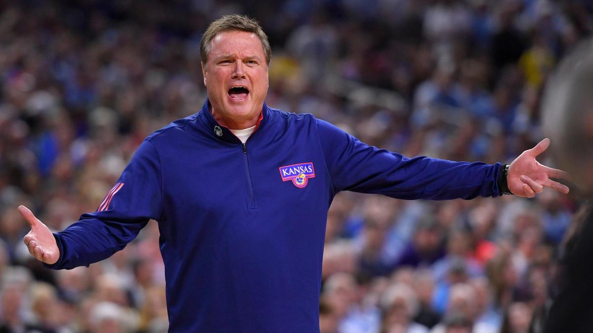 Kansas coach Bill Self disputes a call during the first half of Monday night’s NCAA championship game at the Superdome in New Orleans. KU beat North Carolina, 72-69.