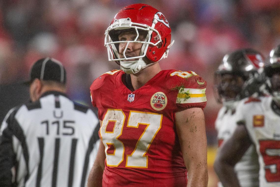 Kansas City Chiefs tight end Travis Kelce in between plays in overtime of the Chiefs game vs. the Tampa Bay Buccaneers on Monday, Nov. 4, 2024, at GEHA Field at Arrowhead Stadium.