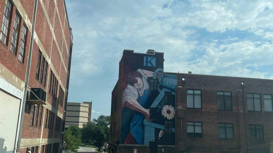 “Kansan Printer” (2006) by artists Joe Faus and Alisha Gambino in downtown Kansas City, Kansas, at 901 N. 8th St. The building housed the Kansas City Kansan newspaper for decades.