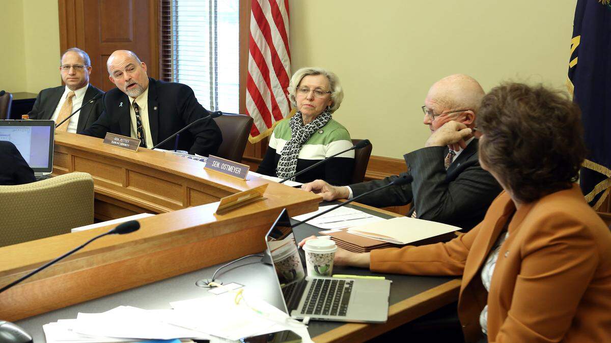 Members of the Senate Corrections and Juvenile Justice Committee led by committee chairman Sen. Greg Smith, R-Overland Park, second from left, sent bills to the Senate floor Tuesday, Jan. 26, 2016, to lessen penalties for marijuana possession and allow individuals with epilepsy to try hemp oil. 