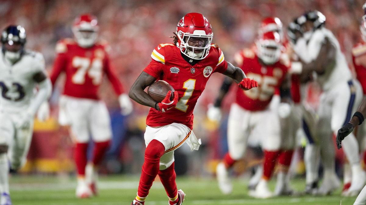 Kansas City Chiefs wide receiver Xavier Worthy runs for yardage in the second quarter against the Baltimore Ravens Thursday, Sept. 5, 2024, at GEHA Field at Arrowhead Stadium.