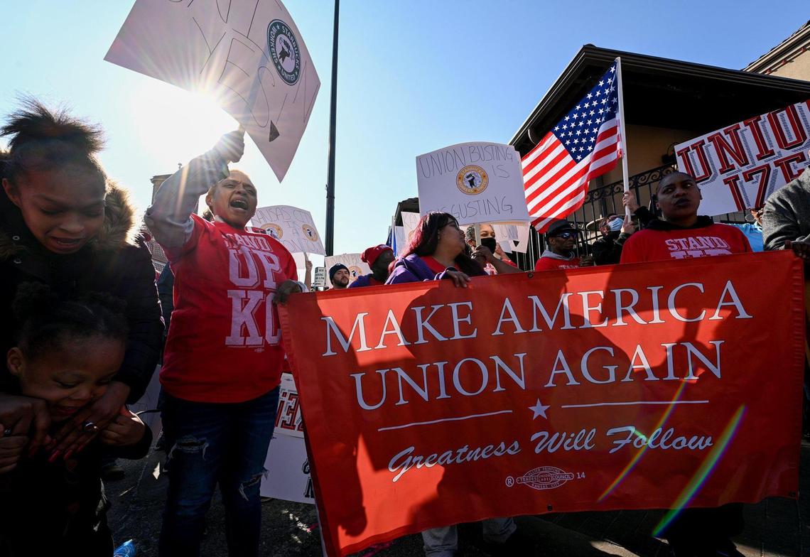Dozens of Starbucks employees and union supporters including Stand Up KC protested alleged anti-union tactics by the company at the Country Club Plaza Starbucks Thursday, March 3, 2022.