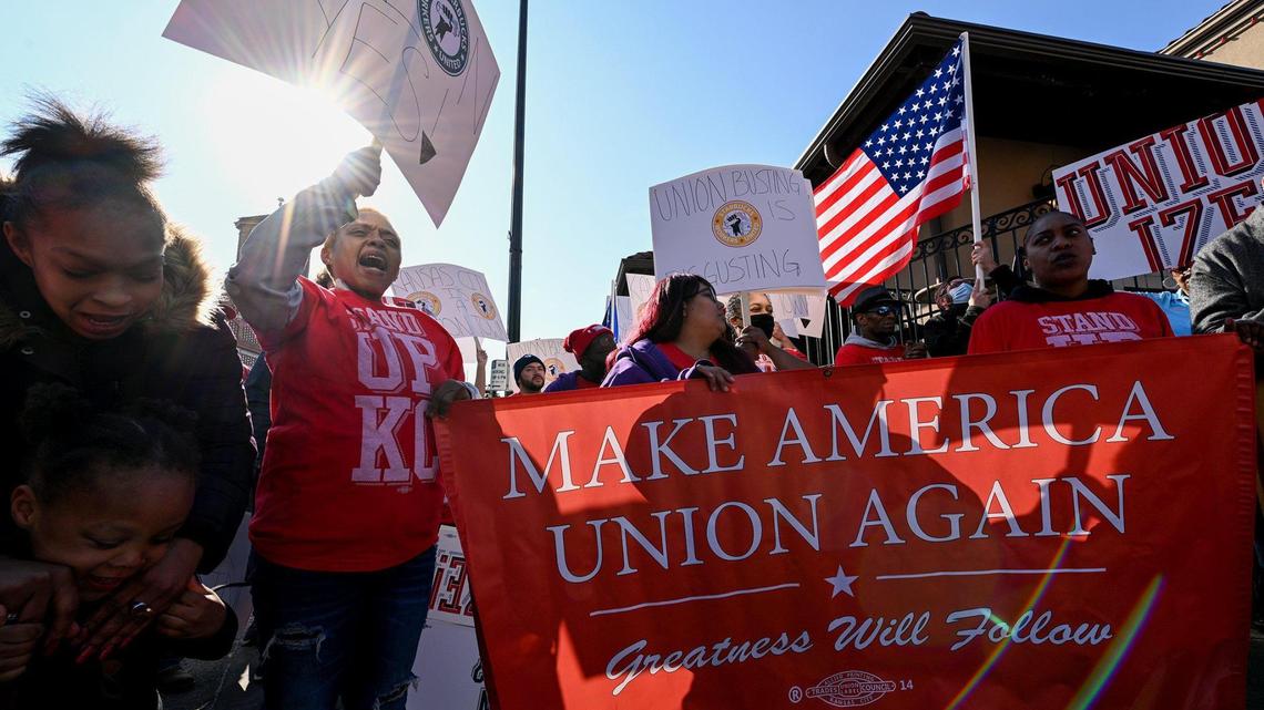 Dozens of Starbucks employees and union supporters including Stand Up KC protested alleged anti-union tactics by the company at the Country Club Plaza Starbucks Thursday, March 3, 2022.