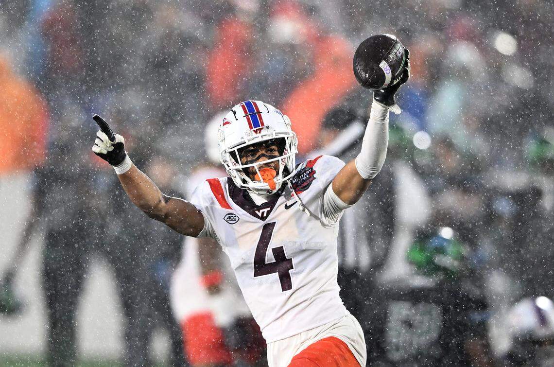Virginia Tech cornerback Mansoor Delane celebrates a fumble recovery during a game in 2024, before he transferred to LSU. Delane was selected by the Kansas City Chiefs with the No. 6 overall pick in the 2026 NFL Draft on Thursday, April 23, 2026.