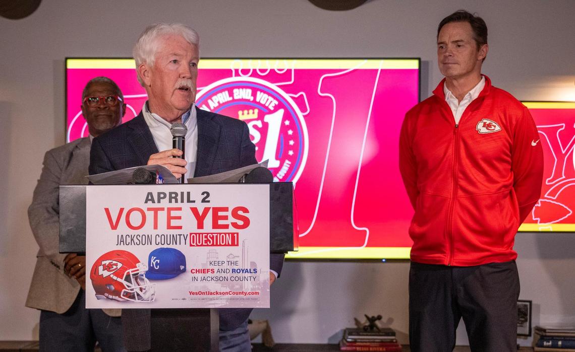 John Sherman, owner of the Royals, spoke after voters rejected a stadium tax measure on Tuesday, April 2, 2024, in Kansas City. Mark Donovan, president of the Chiefs, is pictured at right.