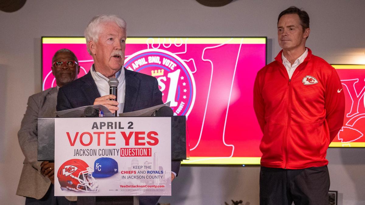 John Sherman, owner of the Royals, spoke after voters rejected a stadium tax measure on Tuesday, April 2, 2024, in Kansas City. Mark Donovan, president of the Chiefs, is pictured at right.