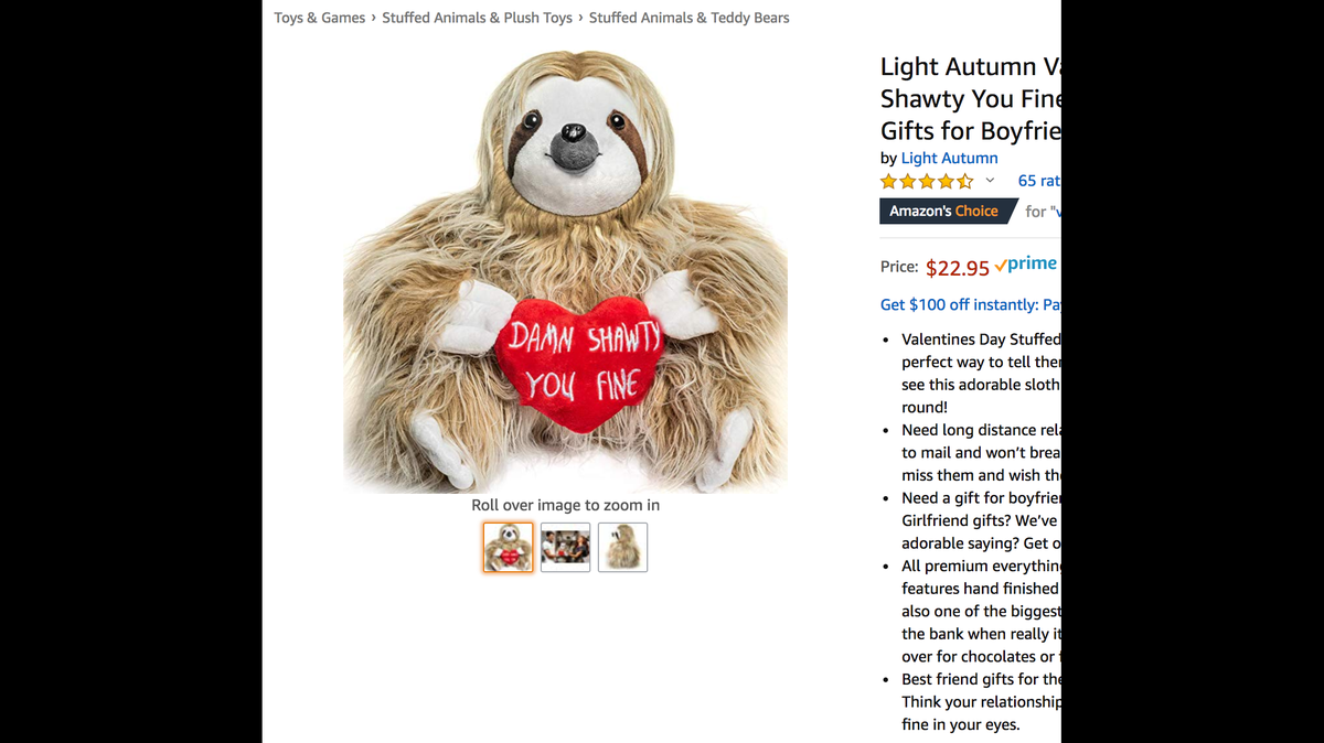 This sloth, available on Amazon, has a special message for your loved one this Valentine’s Day.
