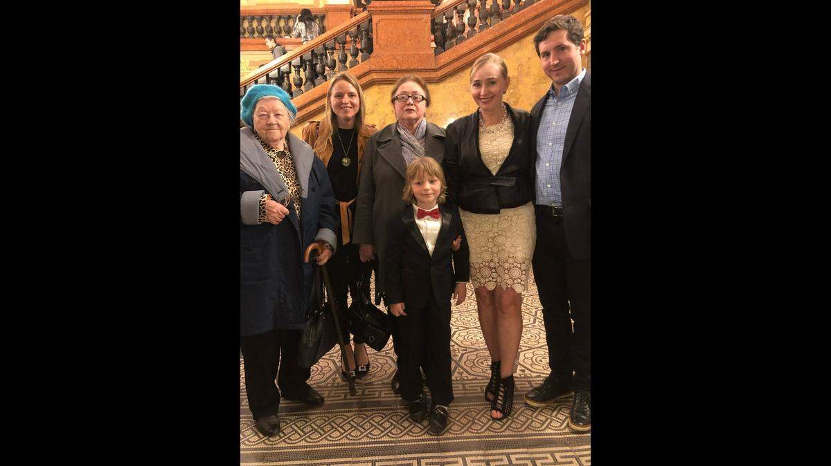 Anna Grodzinsky, second from the left, is seen with her grandmother Paulina, aunt Larisa, mother Tatyana, husband Dan and son Arthur during a 2019 trip to Ukraine. Grodzinsky is a cardiologist at Saint Luke’s Hospital in Kansas City. Her parents emigrated from Ukraine to the United States when she was six years old.