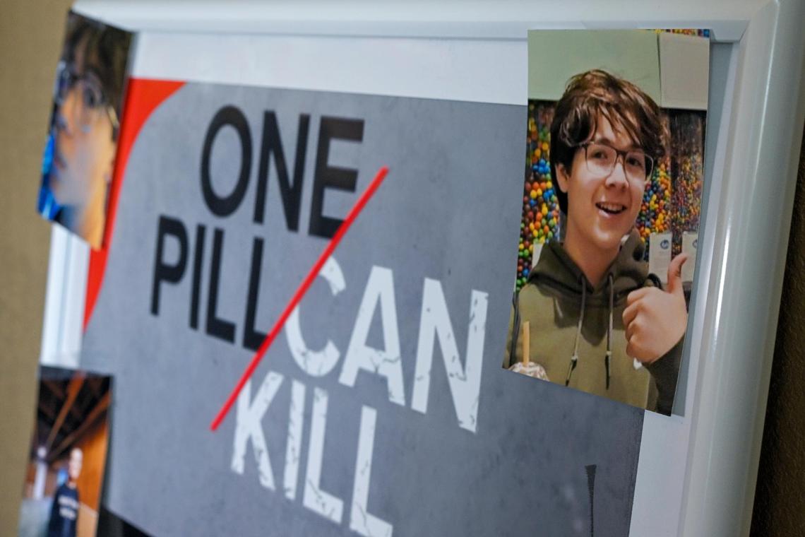Photos of Nicholas Burris, 15, of Lansing, Kansas, are displayed on a frame from a presentation entitled, “One Pill Can Kill.” The high school freshman, known to family and friends as Cruz, died of fentanyl poisoning at home.