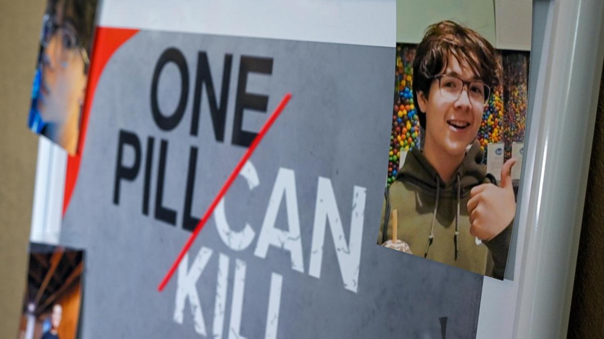 Photos of Nicholas “Cruz” Burris, 15, of Lansing, Kansas, are displayed on a frame from a presentation entitled, “One Pill Can Kill.” The high school freshman died Jan. 18, 2023, of a fentanyl overdose at home.