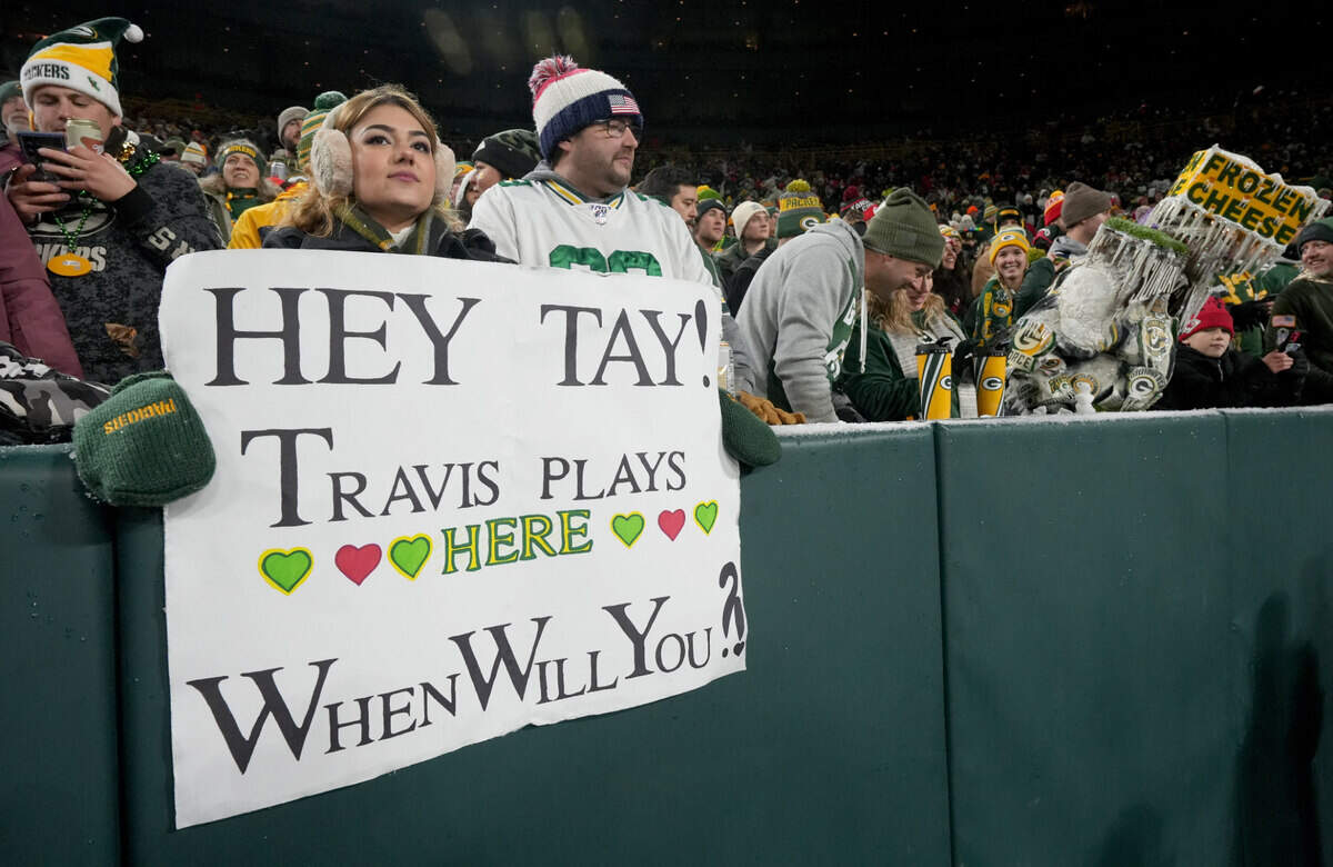 A Taylor Swift fan is shown before the game between the Green Bay Packers and the Kansas City Chiefs at Lambeau Field in Green Bay, Wisconsin.