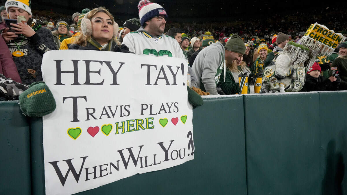 A Taylor Swift fan is shown before the game between the Green Bay Packers and the Kansas City Chiefs at Lambeau Field in Green Bay, Wisconsin.