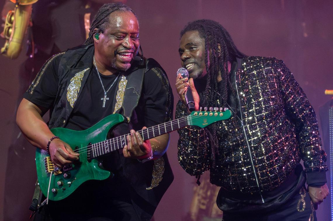 Earth, Wind & Fire perform “System of Survival” during their concert at Starlight Theatre on Friday, July 18, 2025, in Kansas City.