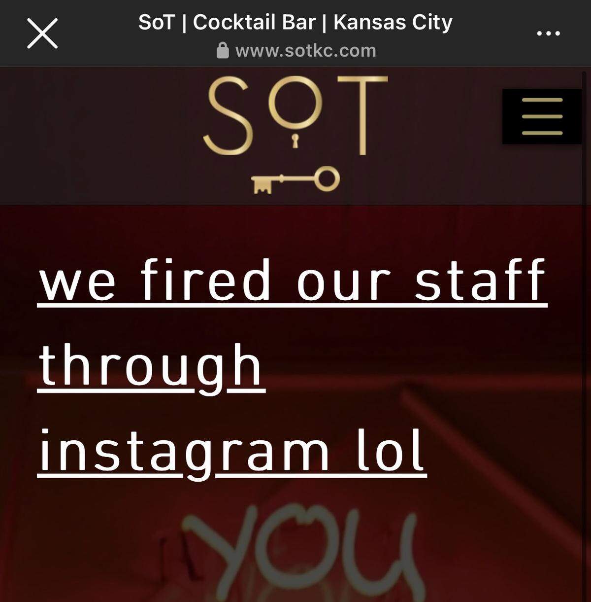 The homepage of Crossroads cocktail bar SoT’s website on Tuesday. The text has since been deleted.