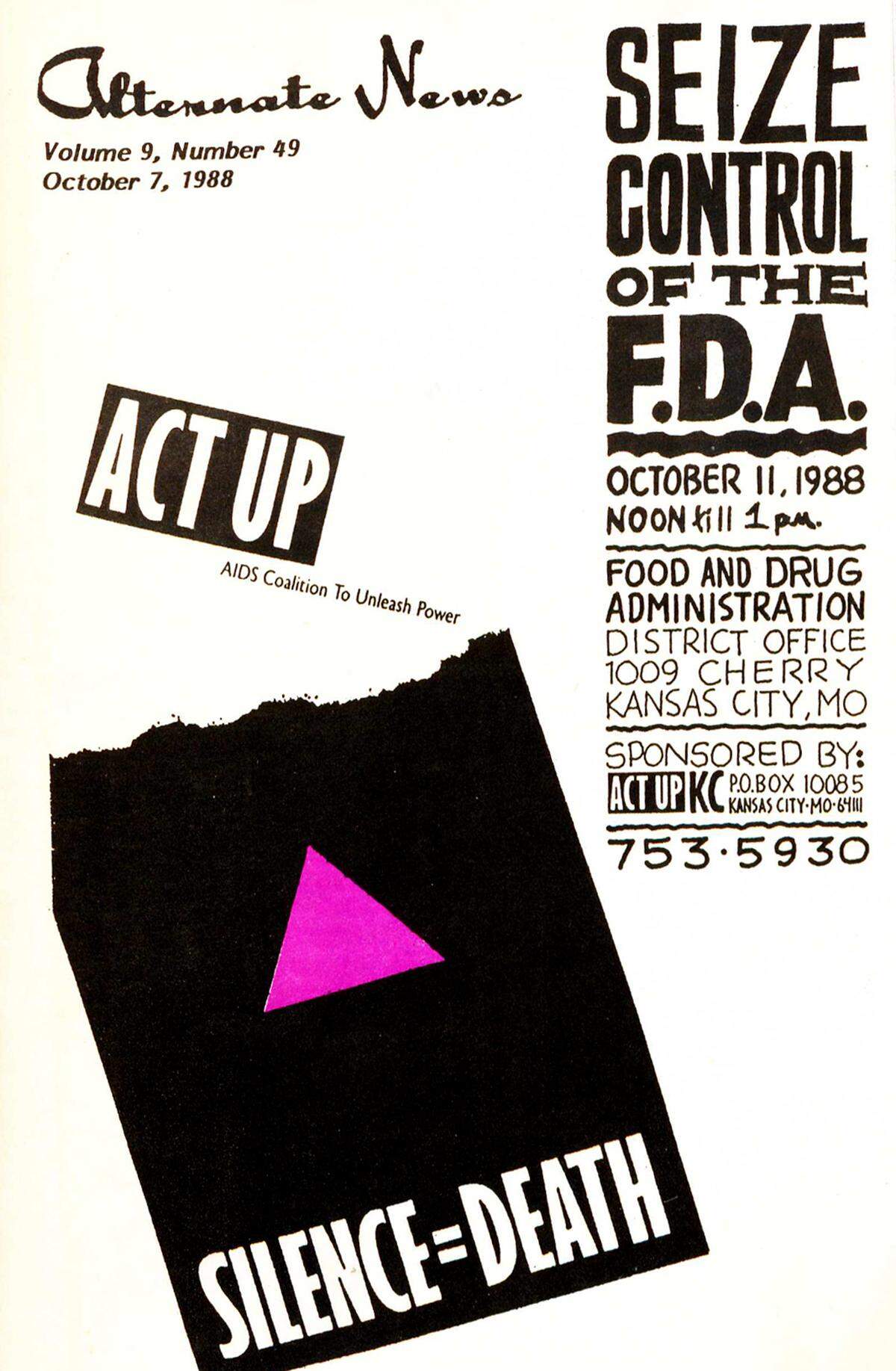 Cover of the Oct. 7, 1988, issue of Alternate News, promoting a demonstration at the Food and Drug Administration headquarters at 1009 Cherry Street.