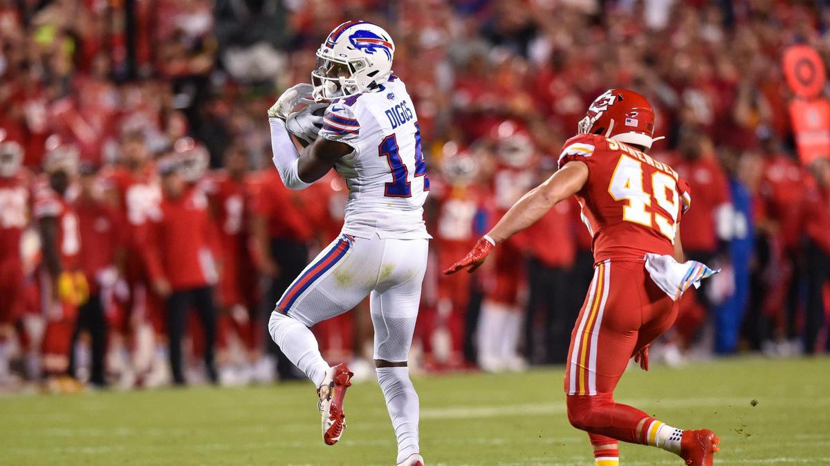Buffalo Bills wide receiver Stefon Diggs pulled in a bomb thrown by quarterback Josh Allen in front of Kansas City Chiefs safety Daniel Sorensen in the second quarter Sunday, October 10, 2021, at Arrowhead Stadium.