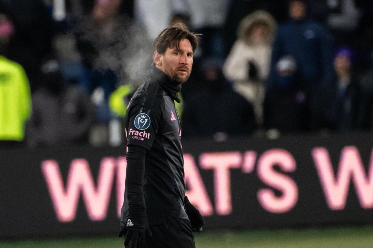 Inter Miami CF forward Lionel Messi exhales in the second half of the Concacaf Champions Cup match of Sporting KC vs. Inter Miami CF on Wednesday, Feb. 19, 2025, at Sporting Park. Sporting KC lost to Miami 0-1.