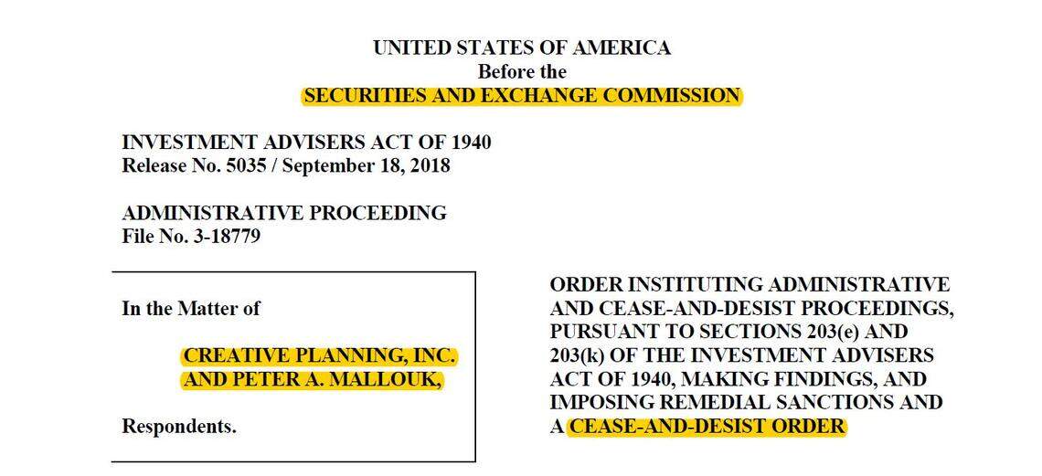 Creative Planning Inc. in Overland Park and its president Peter Mallouk consented to a cease and desist order from the Securities and Exchange Commission over two regulatory infractions.
