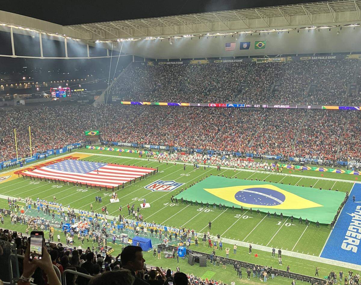 A view inside Corinthians Arena shortly before kickoff of the Kansas City Chiefs’ season-opening NFL game against the Los Angeles Chargers on Friday, Sept. 5, 2025 in Sao Paulo, Brazil.