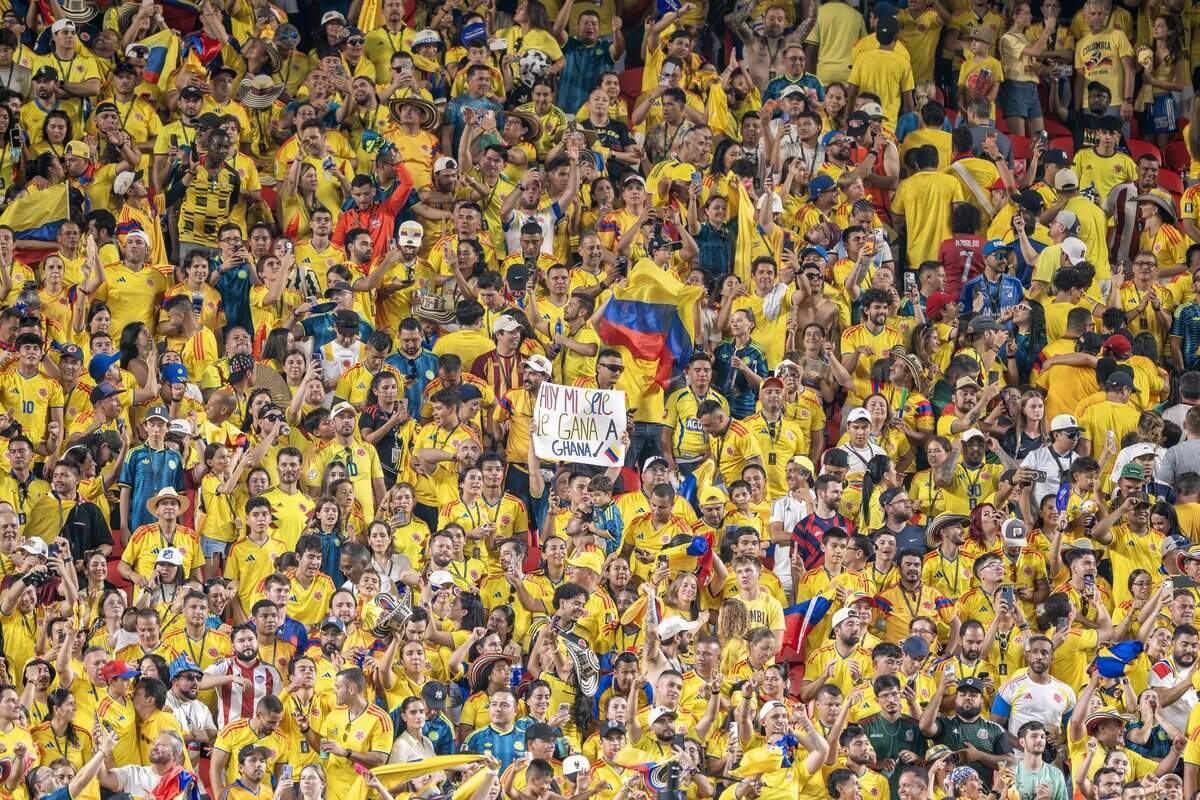Colombia fans celebrate their team's 1-0 win over Ghana following the FIFA World Cup round of 32 match at at Kansas City (Arrowhead) Stadium on Friday, July 3, 2026.