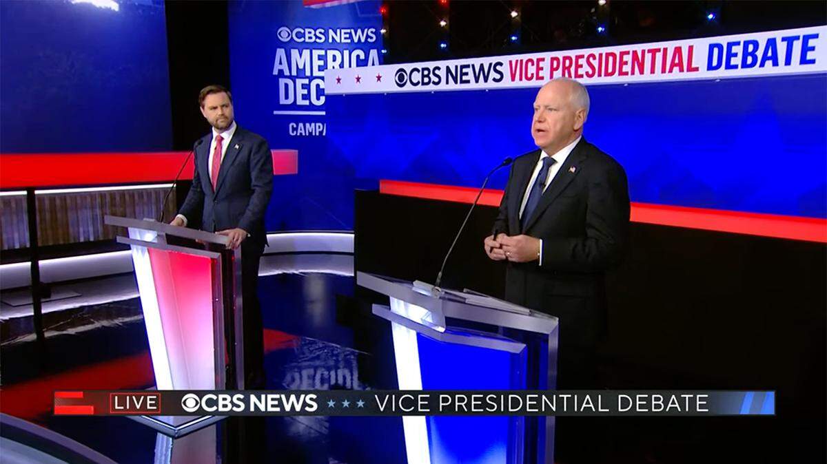 J.D. Vance and Tim Walz at the vice presidential debate Oct. 2, 2024